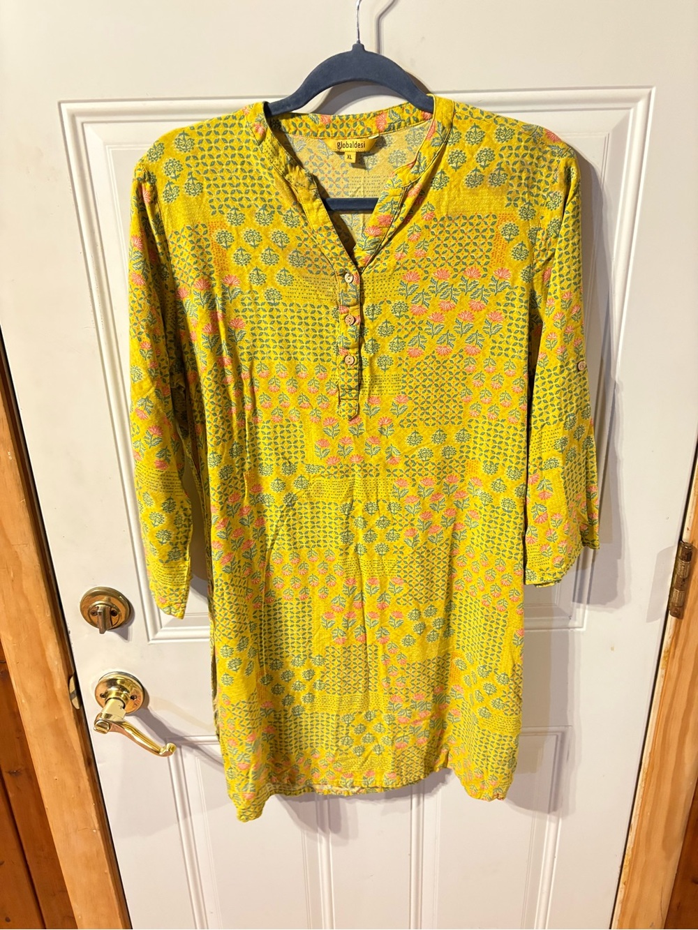 Global Desi Yellow Floral Print Tunic Top XL Boho Indian Block Print